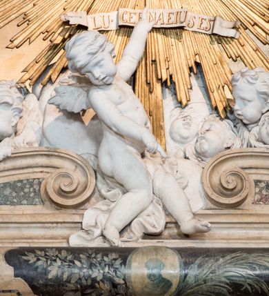 Zdjęcie nr 3: Na prostopadłościennej, wysokiej podstawie na kilkustopniowym podwyższeniu z dostawionym do niej ołtarzem, stoją personifikacje czterech Wydziałów Uniwersytetu – Teologii, Prawa, Medycyny i Sztuk Wyzwolonych, podtrzymujące trumnę z figurą putta w otoczeniu obłoków, które prawą ręką wskazuje na świętego, a lewą na posrebrzaną rzeźbę Baranka Apokaliptycznego na tle glorii i znajdującą poniżej banderolę z napisem: "Et lucerna eius est Agnus". Trumna ma kształt wybrzuszonego dołem sarkofagu z wiekiem ujętym dwiema wolutami. Ołtarz z antepedium wykonanym w technice skalioli z wyobrażeniem uskrzydlonego anioła trzymającego w rękach wieńce z kwiatów i lauru otoczonego witkami palm i rozlokowany i swobodnie pękami różnokolorowych kwiatków. Wokół grupy ustawiono cztery wolnostojące wysokie kolumny posadowione na wysokich postumentach, których ścianki są ozdobione czarnymi medalionami z motywami kwiatów wykonanymi w technice skalioli. Kolumny mają  skręcone trzony i kompozytowe kapitele, dźwigające odcinki belkowania, na których umieszczono figury czterech świętych Janów – Jana Chrzciciela, Jana Ewangelisty, Jana Kantego i Jana z Damaszku. 



