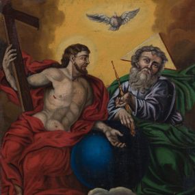 Zdjęcie nr 1: Feretron obrazowy osadzony na prostopadłościennej podstawie z parą otworów na drążki. Pola części obrazowej w kształcie stojącego prostokąta ujmuje rzeźbiona rama zdobiona ażurową wicią akantową zwieńczoną niewielkim krzyżem. Na awersie znajduje się przedstawienie Trójcy Świętej ukazanej na tle obłoków. Po prawej stronie kompozycji siedzi zwrócony na wprost Bóg Ojciec pod postacią mężczyzny w podeszłym wieku. Lekko przechyloną w lewo głowę charakteryzują siwe włosy i zarost. Ubrany jest w popielatą suknię i zielony płaszcz. W prawej ręce, wspartej na znajdującym się pośrodku kompozycji niebieskim globie ziemskim, trzyma berło, lewą wskazuje na siedzącego obok Jezusa. Głowę Boga Ojca ujmuje trójkątny nimb. Zwróconą na wprost sylwetkę Jezusa charakteryzuje układ diagonalny. Skierowaną profilem w prawo głowę cechują wyraziste rysy twarzy z krótkim, brązowym zarostem i długimi, falowanymi, opadającymi na plecy włosami. Nagą, o wydatnej muskulaturze sylwetkę Jezusa osłania w partii bioder i nóg, rozwiany czerwony płaszcz, którego poła przerzucona jest przez lewą, wspartą na globie rękę. Prawą podtrzymuje duży krzyż. Na stopach, dłoniach i w boku widoczne są rany. Głowę Jezusa okala świetlisty nimb. Powyżej, pośrodku żółtego nieba unosi się gołębica Ducha Świętego. Kolorystyka obrazu jest nasycona, intensywna o stosunkowo szerokiej gamie barwnej budowanej walorowo. 
Na rewersie feretonu ukazany jest w pełnej postaci św. Jakub Większy zwrócony w trzech czwartych w lewo. Pociągłą twarz charakteryzuje wysokie czoło z poziomymi bruzdami, długi prosty nos oraz krótki brązowy zarost i włosy. Święty ubrany jest w zieloną, przewiązaną żółtym sznurem suknię i czerwony, spięty na lewym ramieniu płaszcz. Zgięte w łokciach ręce uniesione są na wysokości torsu, w lewej trzyma otwartą księgę, w prawej kij pielgrzymi z tykwą. Smukłe dłonie charakteryzują wyraziście modelowane kości. Głowę okala aureola. Święty Jakub ukazany jest na zboczu góry, w tle rozciąga się zabudowa miasta oraz błękitne niebo pokryte chmurami.               
