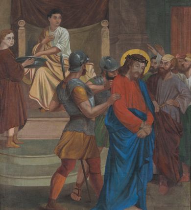 Zdjęcie nr 9: Czternaście obrazów ukazujących mękę i śmierć Chrystusa w drewnianych, złoconych ramach w kształcie stojącego prostokąta z półkolistym zwieńczeniem o krawędziach zdobionych liśćmi i wolutami, z banderolą z napisem &quot;STACYA&quot; i kolejnym numerem, zwieńczonego krzyżem.  Obrazy tworzą jednorodną grupę ukazującą kolejne etapy męki Chrystusa, w naturalistycznym otoczeniu wnętrz lub krajobrazu. Jezus jest ubrany w czerwoną suknię i niebieski płaszcz, ma bladą twarz i brązowe, opadające na ramiona włosy. Pozostałe postacie są modelowane naturalistycznie, z wyraźną gestykulacją wyrażającą uczucia i ubrane w różnobarwne stroje.  