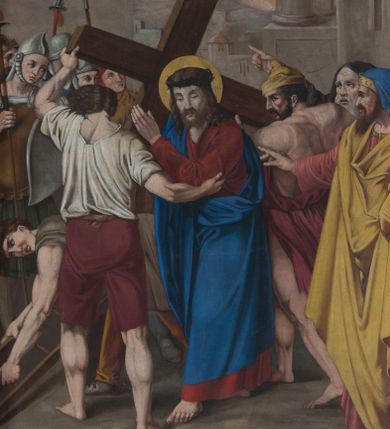 Zdjęcie nr 10: Czternaście obrazów ukazujących mękę i śmierć Chrystusa w drewnianych, złoconych ramach w kształcie stojącego prostokąta z półkolistym zwieńczeniem o krawędziach zdobionych liśćmi i wolutami, z banderolą z napisem "STACYA" i kolejnym numerem, zwieńczonego krzyżem.  Obrazy tworzą jednorodną grupę ukazującą kolejne etapy męki Chrystusa, w naturalistycznym otoczeniu wnętrz lub krajobrazu. Jezus jest ubrany w czerwoną suknię i niebieski płaszcz, ma bladą twarz i brązowe, opadające na ramiona włosy. Pozostałe postacie są modelowane naturalistycznie, z wyraźną gestykulacją wyrażającą uczucia i ubrane w różnobarwne stroje.  