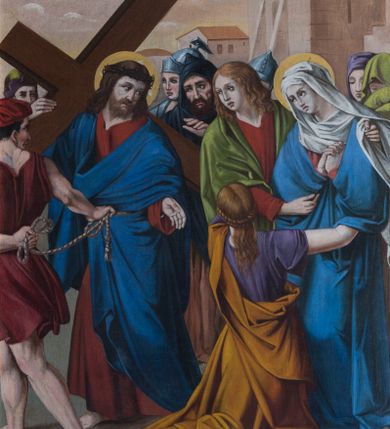 Zdjęcie nr 12: Czternaście obrazów ukazujących mękę i śmierć Chrystusa w drewnianych, złoconych ramach w kształcie stojącego prostokąta z półkolistym zwieńczeniem o krawędziach zdobionych liśćmi i wolutami, z banderolą z napisem &quot;STACYA&quot; i kolejnym numerem, zwieńczonego krzyżem.  Obrazy tworzą jednorodną grupę ukazującą kolejne etapy męki Chrystusa, w naturalistycznym otoczeniu wnętrz lub krajobrazu. Jezus jest ubrany w czerwoną suknię i niebieski płaszcz, ma bladą twarz i brązowe, opadające na ramiona włosy. Pozostałe postacie są modelowane naturalistycznie, z wyraźną gestykulacją wyrażającą uczucia i ubrane w różnobarwne stroje.  