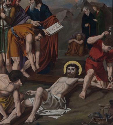 Zdjęcie nr 3: Czternaście obrazów ukazujących mękę i śmierć Chrystusa w drewnianych, złoconych ramach w kształcie stojącego prostokąta z półkolistym zwieńczeniem o krawędziach zdobionych liśćmi i wolutami, z banderolą z napisem "STACYA" i kolejnym numerem, zwieńczonego krzyżem.  Obrazy tworzą jednorodną grupę ukazującą kolejne etapy męki Chrystusa, w naturalistycznym otoczeniu wnętrz lub krajobrazu. Jezus jest ubrany w czerwoną suknię i niebieski płaszcz, ma bladą twarz i brązowe, opadające na ramiona włosy. Pozostałe postacie są modelowane naturalistycznie, z wyraźną gestykulacją wyrażającą uczucia i ubrane w różnobarwne stroje.  