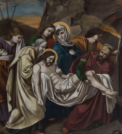 Zdjęcie nr 16: Czternaście obrazów ukazujących mękę i śmierć Chrystusa w drewnianych, złoconych ramach w kształcie stojącego prostokąta z półkolistym zwieńczeniem o krawędziach zdobionych liśćmi i wolutami, z banderolą z napisem "STACYA" i kolejnym numerem, zwieńczonego krzyżem.  Obrazy tworzą jednorodną grupę ukazującą kolejne etapy męki Chrystusa, w naturalistycznym otoczeniu wnętrz lub krajobrazu. Jezus jest ubrany w czerwoną suknię i niebieski płaszcz, ma bladą twarz i brązowe, opadające na ramiona włosy. Pozostałe postacie są modelowane naturalistycznie, z wyraźną gestykulacją wyrażającą uczucia i ubrane w różnobarwne stroje.  