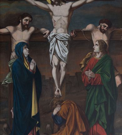 Zdjęcie nr 6: Czternaście obrazów ukazujących mękę i śmierć Chrystusa w drewnianych, złoconych ramach w kształcie stojącego prostokąta z półkolistym zwieńczeniem o krawędziach zdobionych liśćmi i wolutami, z banderolą z napisem "STACYA" i kolejnym numerem, zwieńczonego krzyżem.  Obrazy tworzą jednorodną grupę ukazującą kolejne etapy męki Chrystusa, w naturalistycznym otoczeniu wnętrz lub krajobrazu. Jezus jest ubrany w czerwoną suknię i niebieski płaszcz, ma bladą twarz i brązowe, opadające na ramiona włosy. Pozostałe postacie są modelowane naturalistycznie, z wyraźną gestykulacją wyrażającą uczucia i ubrane w różnobarwne stroje.  