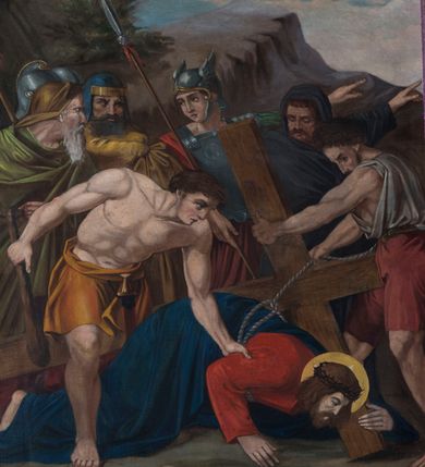 Zdjęcie nr 7: Czternaście obrazów ukazujących mękę i śmierć Chrystusa w drewnianych, złoconych ramach w kształcie stojącego prostokąta z półkolistym zwieńczeniem o krawędziach zdobionych liśćmi i wolutami, z banderolą z napisem "STACYA" i kolejnym numerem, zwieńczonego krzyżem.  Obrazy tworzą jednorodną grupę ukazującą kolejne etapy męki Chrystusa, w naturalistycznym otoczeniu wnętrz lub krajobrazu. Jezus jest ubrany w czerwoną suknię i niebieski płaszcz, ma bladą twarz i brązowe, opadające na ramiona włosy. Pozostałe postacie są modelowane naturalistycznie, z wyraźną gestykulacją wyrażającą uczucia i ubrane w różnobarwne stroje.  