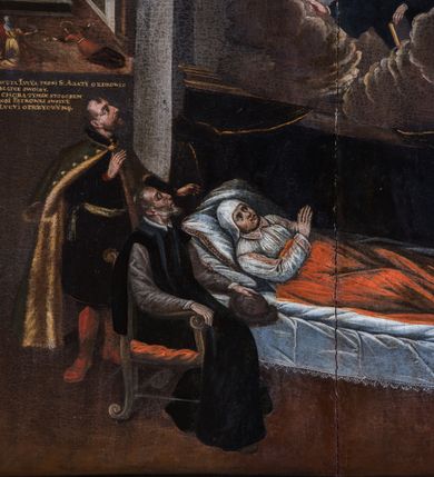 Zdjęcie nr 3: Obraz w kształcie stojącego prostokąta, ujęty drewnianą, profilowaną, złoconą ramą z roślinną dekoracją ornamentalną jest kompozycją narracyjną. Przedstawia trzy odrębne sceny. Pierwszy plan zajmuje scena uzdrowienia Łucji Kajoszkowej: chora leży na łożu z baldachimem, po lewej stronie, obok niej u wezgłowia znajdują się dwaj mężczyźni – jeden ubrany w kontusz szlachecki siedzi w fotelu, drugi w delii, stoi za nim. Po prawej stronie u nóg chorej siedzi zakonnik, augustianin z krakowskiego konwentu. Ponad nimi, wśród obłoków ukazany jest św. Jan Kanty, ubrany w togę profesorską i biret. Blask bijący od niego daje efekty światłocieniowe. Kolorystyka całej przestrzeni jest ciemna, skontrastowana jedynie czerwienią płótna okrywającego chorą. Na drugim planie, po lewej stronie, widoczna jest scena uzdrowienia matki patronki Kajoszkowej, św. Łucji przez św. Agatę. Chora spoczywa we wnętrzu o kolebkowym sklepieniu, przed nią dwie modlące się kobiety, po prawej leży krzyżem św. Łucja. W głębi ołtarzyk z obrazem Trójcy Świętej. Poniżej napis „SWĘTA LVCYA PROSI S(WIĘTĄ) AGATY O ZDROWIE / MATCE SWOIEY. / TA CHORA TYMŻE SPOSOBEM / PROSI PATRONKI SWOIEY / S(WIĘTEJ) LVCYI O PRZYCZYNĘ.” Po prawej stronie drugiego planu przedstawiony został ksiądz Walenty Iwanowski odprawiający mszę w intencji parafianki, przed późnorenesansowym ołtarzem z obrazem św. Jana Kantego modlącego się przed wizerunkiem Misericordia Domini. W dolnej partii obrazu napis „ROKV P(AŃSKIEGO) 1.6.4.8. PANI ŁVCYA  KAIOSZKA MIESCZKA KĘCKA ZACHORZAWSZY CIERPIAŁA BÓL SROGI WSZYT/KICH KOŚCI Y WNĘTRZNOSCI SWOICH TAK BARZO ŻE ZWĄTPIWSZY O ZDROWIV DALSZYM ŚMIER/CI TYLKO CZEKAŁA. ZFRASOWANY MAŁŻONEK OFFIAROWAŁ IĄ DO TEY KAPLICE BŁOGOSŁAWIONE/GO JANA KANTEGO ZE MSZĄ WIĘTĄ PRZY BYTNOŚCI IE(GO) M(OŚCI) XIĘDZA  WALĘNTEGO IWANOWSKIEGO / DZIEKANA OSWIĘCIMSKIEGO A PLEBANA KĘTSKIEGO 20. NOVEMB(RA). RZECZ DZIWNA TEYŻE / GODZINY ZDROWĄ ZOSTAŁA, Y NAWZAIVTRZ W DZIEN OFIAROWANIA NAŚWIETSZEY PANNY / PRZYSZŁA DO KOSCIOŁA Y SPOWIEDŹ ŚWIĘTĄ VCZYNIWSZY SAKRAMENT NAŚWIĘTSZY PRZYIĘ/ŁA. TAKIEGO DORBODZIEYSTWA BOZKIEGO ZA PRZYCZYNĄ BŁOGOSŁAWIONEGO IANA / KANTEGO BĘDĄC WDZIĘCZNI OBOIE W TYM OBRAZIE  PAMIĄTKĘ ZOSTAWIELI W ROKV / WYSEY POMIENIONYM.”  


