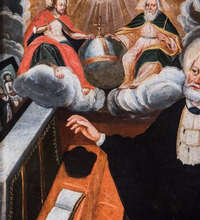 Zdjęcie nr 4: Obraz w kształcie stojącego prostokąta z wielofiguralną sceną ukazującą św. Jana Kantego oraz księdza Grzegorza Jana Zdziewoyskiego. Prawą część kompozycji zajmuje sylwetka zwróconego w trzech czwartych w prawo, klęczącego św. Jana Kantego o fizjonomii mężczyzny w podeszłym wieku, z siwymi włosami i zarostem, ubranego w togę profesorską. Głowę świętego okala jasny nimb. Prawą lekko zgiętą w łokciu rękę wyciąga w kierunku znajdującego się po lewej stronie kompozycji ołtarza, lewą ujmuje sylwetkę klęczącego po prawej stronie księdza Zdziewoyskiego ukazanego według zasad perspektywy hieratycznej. Twarz duchownego o krótkim, brązowym zaroście i wyrazistych rysach dojrzałego mężczyzny przejawia tendencje oddania cech portretowych. Ukazany w pozie modlitewnej kapłan ubrany jest w sutannę oraz komżę, na ramionach ma białą, haftowaną złotą nicią stułę. Po lewej stronie kompozycji widoczne jest częściowo retabulum ołtarzowe. Na mensie znajduje się niewielki obraz ukazujący Matkę Boską i Męża Boleści (Misericordia Domini). Do ołtarza prowadzi nakryty czerwonym dywanem stopień, na którym leżą atrybuty świętego – otwarta księga oraz biret. Powyżej, w lewym, górnym rogu, pośród obłoków ukazana jest Trójca Święta z sylwetką Jezusa w czerwonym płaszczu po lewej stronie, Boga Ojca w kremowej sukni i granatowym płaszczu po prawej stronie oraz unoszącą się ponad nimi gołębicą Ducha Świętego na tle promienistej glorii i rozświetlonych obłoków. Bóg Ojciec i Jezus wspierają dłonie na znajdującym się pośrodku niebieskim globie ziemskim zwieńczonym złotym krzyżem. Prawą stronę kompozycji zajmują ukazane w pozie modlitewnej postaci bł. Świętosława ze Sławkowa, ubranego w albę i czerwony ornat oraz bł. Ludowiki z Kęt w habicie tercjarki franciszkańskiej, z krucyfiksem i różańcem w dłoniach. Ponad nimi, pośród obłoków unosi się sylwetka ubranego w biało-czerwone szaty anioła trzymającego w dłoniach wieniec laurowy i wieniec różany. W lewym, dolnym rogu malowidła znajduje się napis „D(EO) O(PTIMO) M(AXIMO) / ET BEATO IOANNI CANTIO / S(ACRAE) T(HEOLOGIAE) DOCTORI ET PROFESSORI / ALM(AE) ACCAD(EMIAE) CRAC(OVIENSIS) PATER GRE/GORIVS IOANNES ZDZIEWOY/SKI A ŁASKO ART(IS) PH(ILOSOPH)IAE DO/CTOR. CAPELLANVS PRIMVS A FVN/DATIONE HVIVS CAPELLAE B(EATI) IOAN
NIS CANTIJ POSVIT. / A(NNO) D(OMINI) 1653”. Pozostałe umieszczone są  poniżej postaci bł. Ludowiki – „V(ENERABILIS) VIRGO LVDO/VICA MATHEI / CIVIS KEN(TENSIS) FILIA B(EATVUS)” oraz ponad sylwetką bł. Świetosława ze Sławkowa – „SVIETOSLAUS / SLAVKOVIENSIS”. 

Obraz ujęty jest profilowaną, złoconą ramą. 