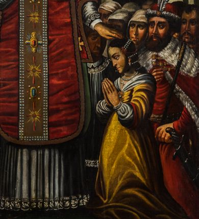 Zdjęcie nr 5: Obraz w kształcie stojącego prostokąta o ściętych górnych narożach, ujęty profilowaną ramą, przedstawia scenę ze św. Walentym ukazanym pośrodku kompozycji. Stojąc zwrócony na wprost głowę kieruje w trzech czwartych w lewo. Owalną twarz, o żółtawej karnacji i mocnym światłocieniowym modelunku, charakteryzują wyraziste rysy i krótki, ciemny zarost. Włosy krótkie, falowane sięgają uszu. Głowę okala wąski nimb. Święty Walenty ubrany jest w albę i czerwony ornat w typie skrzypcowym, z pretekstą bogato zdobioną haftem i kameryzacją. Prawą rękę wspiera na piersi, lewą, na którą jest założony manipularz, kładzie na głowie klęczącej obok kobiety. Zwrócona niemal profilem w prawo lekko pochyla głowę. Pociągłą twarz charakteryzują wyraziste rysy. Długie, ciemne, opadające na plecy włosy oplecione są sznurami pereł. Niewiasta ma na sobie żółtą suknię z białym kołnierzem z broszą, spod której widać bufiaste rękawy białej bluzki. Na szyi ma sznur pereł z krzyżykiem, w uszach perłowe kolczyki. Ręce składa w geście modlitwy. Tuż za nią klęczy zwrócony w trzech czwartych mężczyzna. Pociągłą twarz charakteryzują wyraziste rysy z długim, prostym nosem, bruzdą między ciemnymi oczami i krótkim, gęstym zarostem. Ubrany jest w czerwony kontusz przewiązany popielato-złotym pasem. Na ramiona ma narzucony czerwony płaszcz obszyty futrem i z futrzanym kołnierzem. Na głowie czerwony kołpak obszyty futrem, z białym piórem, u boku szabla. Mężczyzna lewą rękę wspiera na piersi, w prawej trzyma laskę marszałkowską (?). Pod lewą ręką św. Walentego widoczna postać zwróconego frontalnie, klęczącego mężczyzny wyrazistych rysach twarzy i śniadej karnacji. ubrany jest w białą komżę. W tle tłum postaci – kobiety w białych chustach na głowach i mężczyzna. W głębi ściana z niszą zamkniętą konchą. Po lewej stronie kompozycji prostopadłościenny ołtarz nakryty białym, zdobionym koronką obrusem. Na mensie otwarta księga na czerwonej poduszce, kielich przekryty czerwoną palką, para srebrnych lichtarzy z płonącymi świecami, teksty kanonów oraz krucyfiks. Widoczne fragmentarycznie spod zielone kotary retabulum osadzone jest na cokole i  ujęte parą kolumn. W polu środkowym znajduje się obraz Matki Boskiej z Dzieciątkiem. W prawym, górnym rogu obrazu ukazano unoszącego się na obłoku anioła częściowo osłoniętego czerwoną szatą. W prawej ręce ma wieniec laurowy, w lewej palmę męczeństwa. Tuż nad nim wiązka promieni. Na stopniach ołtarza leży zielony dywan.   

W lewym dolnym narożu obrazu napisy „SVMTPVM Comuber Sartorum / A(NN)O D(OMI)NI 1664 / M.  die 15 JANVAR(ii) / Renovatum A(NNO) D(OMINI) 1881 / Carol(us) Bor(omeus) Stankiewicz  Pinx(it) Kentensis” oraz „Reconovit 1909 / Stanisław Kalinowski / Fundator Franciszek Hampel / cechmistrz krawców”.


