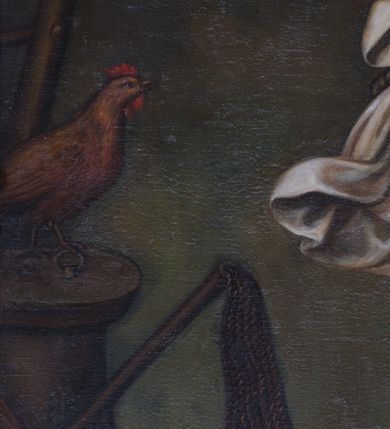 Zdjęcie nr 3: Obraz uzyskał kształt stojącego prostokąta, ujętego ramą ołtarza, która u góry jest zamknięta spłaszczonym łukiem nadwieszonym. Na ciemnym tle nieznacznie rozjaśnionym w dolnej części obrazu na drewnianym krzyżu wyobrażono wiszącego Chrystusa, któremu towarzyszą po bokach narzędzia męki Pańskiej (arma Christi). Ciało Zbawiciela o ciemnej karnacji wisi na naciągniętych ramionach ułożonych w kształcie litery V. Głowa Jezusa w koronie cierniowej jest opadnięta na prawe ramię. Chrystus ma pociągłą twarz okolona brodą i długimi włosami spływającymi na ramiona. Jego twarz charakteryzuje wydatny nos i usta oraz zamknięte oczy. Na czole, ramionach i torsie widoczne są strużki krwi. Głowę Ukrzyżowanego okala niewielki świetlisty nimb. Krew cieknie także z przebitego prawego boku. Jezus na biodrach ma założone, rozwiane, białe perizonium przewiązane sznurem. Na górnej belce krzyża przytwierdzony jest titulus w formie zwijającej się banderoli z napisem "IN / RI". 
Z prawej strony krzyża widoczne są skrzyżowane ze sobą lanca i gąbka na kiju, a z lewej oparta o krzyż drabina, pod którą na kolumnie skrzyżowanej z biczem siedzi brązowo-złocisty kogut zwrócony w prawo. 