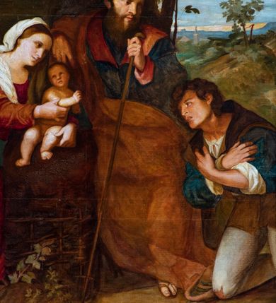 Zdjęcie nr 7: Ołtarz architektoniczny, jednokondygnacyjny, jednoosiowy, ze zwieńczeniem. Ołtarz prostopadłościenny z drewnianą mensą i drewnianym antepedium artykułowanym trzema prostokątnymi płycinami. Retabulum osadzone na nieznacznie zryzalitowanym cokole, lekko wstępującym pośrodku w kolejną partię retabulum. Część środkową ołtarza ujmuje para filarów o czworobocznym przekroju, ustawionych na tle pilastrów, osadzonych na wysokich cokołach i podtrzymujących przerwane belkowanie ze wspartym na nim przerwanym, półkolistym przyczółkiem. Część środkowa belkowania jest wyniesiona nieco wyżej. Pole części środkowej retabulum  ma kształt stojącego prostokąta zamkniętego półkolistym łukiem nadwieszonym. Osadzone na wyłamującym się pośrodku gzymsie zwieńczenie ma postać stojącego prostokąta wypełnionego płyciną z uszakami w narożach, zamkniętą trójbocznie z ośmioboku. Pole środkowe w formie wydłużonego ośmioboku. Zwieńczenie domyka szczyt z formie przerwanego, trójkątnego przyczółka usytuowanego na przerwanym belkowaniu. Środkową płycinę antepedium zdobi płaskorzeźbiony monogram SJ na tle narzędzi ciesielskich (?), boczne ornamentyka roślinna. W partiach cokołu retabulum, cokołów filarów, fryzu oraz górnych naroży części środkowej nastawy są motywy stylizowanej dekoracji roślinnej. Obramienie obrazu głównego ujmuje para wazonów z kwiatami lilii, natomiast boki zwieńczenia ołtarza para ażurowych, akantowych uszaków. W szczycie, po bokach, na przerwanym przyczółku jest para płonących wazonów, pośrodku natomiast kartusz z napisem: „ITE AD JOSEPH” oraz krzyż zdobiony wicią winnej latorośli. W polu części środkowej znajduje się przedstawienie „Pokłonu pasterzy”, w zwieńczeniu natomiast wizerunek św. Stanisława biskupa. Struktura retabulum utrzymana jest w kolorystyce pokostowanego drewna, partie detalu architektonicznego i ornamentyka są złocone. Na mensie napis „MEMENTO - FUNDATORIS / JOSEPHI".  