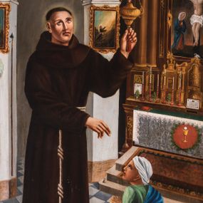 Zdjęcie nr 1: Obraz w kształcie stojącego prostokąta ze sceną narracyjną ukazującą wątek z życia św. Dydaka. Ukazany całopostaciowo święty, zajmując lewą stronę kompozycji, stoi w trzech czwartych zwrócony w lewo. Ubrany jest w habit franciszkański. Odchyloną nieznacznie do tyłu głowę charakteryzuje owalna twarz o wyrazistych rysach młodego, pozbawionego zarostu mężczyzny ze wzrokiem skierowanym ku górze. Lewą ręką ujmuje wiszącą lampę olejną, prawą, opuszczoną w dół i wyciągniętą do przodu błogosławi klęczącą przed nim kobietę obejmującą dziecko. Ubrana w zieloną suknię, niebieski płaszcz i białą chustę na głowie kobieta spogląda na świętego, obejmując lewą ręką klęczące obok niej dziecko o blond włosach, ubrane w długą, białą sukienkę. Postaci ukazane są we wnętrzu kaplicy. W głębi, po prawej stronie kompozycji widoczna jest architektoniczna nastawa ołtarzowa o białoszarym antepedium z przedstawieniem kielicha eucharystycznego pośrodku, ustawionym na mensie tabernakulum z tronem wystawienia i sześcioma lichtarzami oraz częścią środkową ujętą dwoma parami kolumn. Główny wizerunek w retabulum stanowi widoczna fragmentarycznie scena Ukrzyżowania ze stojącą pod krzyżem Matką Boską Bolesną. Do ołtarza prowadzą trzy stopnie nakryte wzorzystym dywanem. W tle, za św. Dydakiem widoczne są dwa filary o czworobocznym przekroju, na których zawieszone są obrazy, jeden z nich ukazuje scenę stygmatyzacji św. Franciszka z Asyżu. Kolorystyka obrazu jest rozbudowana, o nasyconej gamie barw. W lewym dolnym rogu obrazu jest sygnatura: „Pinx(it) M Kowarz / Reformat 1873”.   