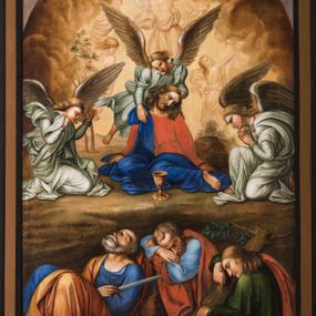 Zdjęcie nr 1: Obraz w kształcie stojącego prostokąta ujętego prostą, drewnianą, polichromowaną ramą, z przedstawieniem Modlitwy w Ogrójcu. Zamkniętą od góry łukiem półkolistym kompozycję charakteryzuje dwustrefowy układ planów. Na pierwszym, w dolnej partii obrazu, ukazani są trzej śpiący apostołowie – od lewej wsparty plecami o skałę św. Piotr charakteryzujący się krótkimi siwymi włosami i zarostem, ubrany w niebieską suknię i jasnobrązowy płaszcz, trzymający miecz. Pośrodku znajduje się św. Jakub Starszy, który śpi, wspierając głowę na złożonych na tej samej skale rękach. Charakteryzują go krótkie, brązowe włosy z lekką łysiną oraz krótki zarost. Ubrany jest w jasnoniebieską suknię i czerwony płaszcz. Po prawej stronie siedzi zwrócony profilem w lewo św. Jan Ewangelista z wyciągniętą przed siebie lewą nogą. Głowę wspiera na podtrzymywanym prawą ręką pniu ściętego drzewa. Charakteryzuje go młodzieńcza twarz oraz półdługie blond włosy dołem mocno skręcone w pukle. Wyżej, drugą część kompozycji zajmuje usytuowana pośrodku sylwetka omdlewającego Jezusa zwróconego na wprost. Ubrany jest w czerwoną suknię i ciemnoniebieski płaszcz. Przechyloną na lewe ramię głowę podtrzymuje unoszący się z tyłu anioł ubrany w długie, białe, rozwiane szaty. Pozostałe dwa anioły pochylone, przyklękają po obydwu stronach Jezusa, składając ręce w geście modlitewnym lub wznosząc je do góry. Pośrodku stoi kielich, w tle na rozświetlonym niebie, ujętym łukiem ciemnych obłoków widoczne są zarysy sylwetek trzech unoszących się aniołów, dwóch smukłych drzew, krzewu oraz niewielkiej skały. 