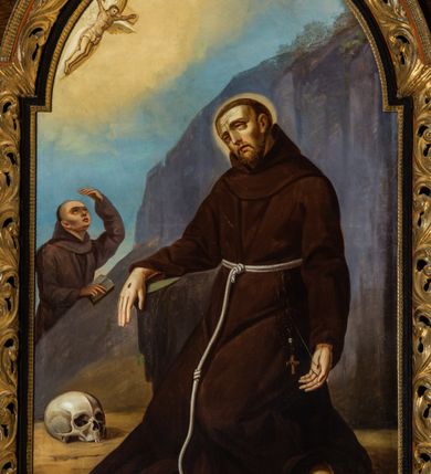 Zdjęcie nr 3: Ołtarz architektoniczny, jednokondygnacyjny, jednoosiowy, ze zwieńczeniem. Ołtarz prostopadłościenny z drewnianą mensą i drewnianym antepedium artykułowanym trzema prostokątnymi płycinami. Retabulum osadzone na lekko zryzalitowanym cokole, lekko wstępującym pośrodku w kolejną partię retabulum. Część środkową ołtarza ujmuje para filarów o czworobocznym przekroju, osadzonych na wysokich cokołach i podtrzymujących przerwane belkowanie ze wspartym na nim przerwanym, półkolistym przyczółkiem. Część środkowa belkowania jest wyniesiona nieco wyżej. Pole części środkowej ma kształt stojącego prostokąta zamkniętego półkolistym łukiem nadwieszonym. Osadzone na wyłamującym się pośrodku gzymsie zwieńczenie jest w postaci stojącego prostokąta wypełnionego płyciną z uszakami w narożach, zamkniętą trapezoidalnym łukiem. Pole środkowe jest w formie wydłużonego ośmioboku. Zwieńczenie zamyka szczyt z formie przerwanego, trójkątnego przyczółka osadzonego na przerwanym belkowaniu. Środkową płycinę antepedium zdobi płaskorzeźbiony i złocony  motyw godła zakonu franciszkanów wpisany w owal i ujęty kwiatami lilii. Boki zwieńczenia zdobi para ażurowych, ornamentalnych uszaków. W szczycie, pośrodku, na niewielkim cokoliku znajduje się złocono-srebrzony motyw z godła zakonu franciszkanów (skrzyżowane ręce na tle obłoków). W polu części środkowej umieszczono obraz przedstawiający Stygmatyzację św. Franciszka. W zwieńczeniu jest wizerunek św. Andrzeja Apostoła. Struktura retabulum utrzymana jest w kolorystyce pokostowanego drewna, partie detalu architektonicznego i ornamentyka są złocone i srebrzone. 