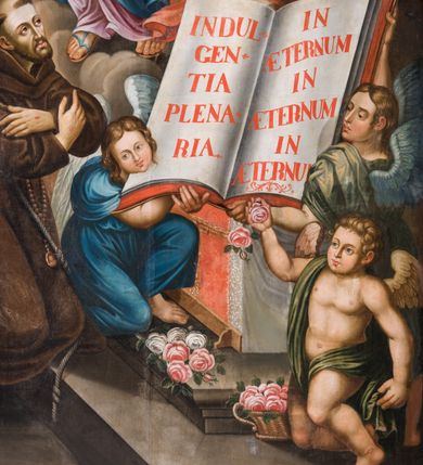 Zdjęcie nr 3: Obraz w kształcie stojącego prostokąta, pole obrazowe zamknięte łukiem półkolistym, ujęty wąską, profilowaną, jasnobrązową ramą, z przedstawieniem Wizji św. Franciszka. Po lewej stronie kompozycji ukazany jest klęczący na kamiennym stopniu, zwrócony w trzech czwartych w lewo św. Franciszek. Odchyloną głowę charakteryzuje pociągła twarz o jasnej karnacji,  wyrazistych rysach i krótkim zaroście. Głowę okala krótka tonsura. Święty ubrany jest w brązowy habit franciszkański przepasany szarym sznurem z przewiązanym na nim różańcem, na stopach ma sandały. Ręce skrzyżowane na piersiach, na dłoniach widoczne rany. Święty Franciszek spogląda w kierunku siedzących pośród obłoków Jezusa i Marii, którzy są w trzech czwartych zwróceni w prawo i spoglądają w dół na zakonnika. Jezus ubrany jest w białą suknię i zsuwający się z ramion czerwony płaszcz. Lewą rękę wspiera na niebieskim globie, prawą unosi w geście błogosławieństwa. Maria ma na sobie jasnoróżową suknię i narzucony na lewe ramię niebieski płaszcz. Na głowie pomarańczowa chusta opadająca na ramiona. Prawą rękę wspiera na piersiach, lewą na nodze. Ich głowy ujmują świetliste nimby promieniste. Poniżej, przed prostopadłościennym ołtarzem są dwaj aniołowie ubrani w niebieską i zieloną szatę, trzymający dużą, otwartą księgę z czerwonym napisem „INDUL/GEN/TIA / PLENA/RIA / IN / AETERNUM / IN / AETERNUM / IN / AETERNUM”. W prawym, dolnym rogu kompozycji przyklęka trzeci anioł w zielonej szacie, który w podniesionej do góry prawej ręce trzyma dwie jasnoróżowe róże. Na stopniach ołtarza leży bukiet i kosz z białymi i różowymi różami. Po lewej stronie obrazu, powyżej świętego, pośród obłoków sylwetki trzech aniołów trzymających w rękach kosze z białymi różami i gałązki z różowymi.  