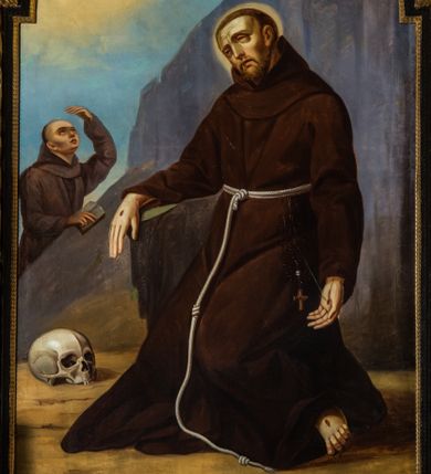 Zdjęcie nr 1: Obraz w kształcie stojącego prostokąta zamkniętego nadwieszonym łukiem półkolistym przedstawia scenę stygmatyzacji św. Franciszka z Asyżu. Ukazany pośrodku kompozycji święty zwrócony jest w trzech czwartych w lewo, omdlewa przyklękając. Twarz o trójkątnym obrysie, z krótką brodą, długim, prostym nosem charakteryzuje wyraz cierpienia podkreślony przymrużonymi, wpatrzonymi w dal oczami oraz wydatną bruzdą na czole. Głowę okala wąski, świetlisty nimb. Święty ubrany jest w habit franciszkański. Prawą rękę wspiera na skale, lewa jest opuszczona wzdłuż ciała, z odwróconym ku górze wnętrzem dłoni. Na dłoniach i stopie są rany po gwoździach ze słabo widocznymi wiązkami promieni, biegnącymi doń od znajdującego się u góry po lewej stronie Jezusa na krzyżu osłoniętym skrzydłami Serafina, unoszącego się na tle żółtych obłoków. Obok świętego leży czaszka. Zza stanowiącej tło sceny skały wyłania się sylwetka drugiego zakonnika, zwróconego w trzech czwartych w prawo. Wzrok kieruje ku górze, przesłaniając twarz o młodzieńczych rysach lewą ręką. Prawą wspiera na leżącej na skale księdze. 
Sygnatura pod lewą stopą św. Franciszka „w Krakowie / 1866. r(oku) Stanisław Bryniarski mal(ował)”.