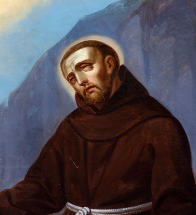 Zdjęcie nr 5: Obraz w kształcie stojącego prostokąta zamkniętego nadwieszonym łukiem półkolistym przedstawia scenę stygmatyzacji św. Franciszka z Asyżu. Ukazany pośrodku kompozycji święty zwrócony jest w trzech czwartych w lewo, omdlewa przyklękając. Twarz o trójkątnym obrysie, z krótką brodą, długim, prostym nosem charakteryzuje wyraz cierpienia podkreślony przymrużonymi, wpatrzonymi w dal oczami oraz wydatną bruzdą na czole. Głowę okala wąski, świetlisty nimb. Święty ubrany jest w habit franciszkański. Prawą rękę wspiera na skale, lewa jest opuszczona wzdłuż ciała, z odwróconym ku górze wnętrzem dłoni. Na dłoniach i stopie są rany po gwoździach ze słabo widocznymi wiązkami promieni, biegnącymi doń od znajdującego się u góry po lewej stronie Jezusa na krzyżu osłoniętym skrzydłami Serafina, unoszącego się na tle żółtych obłoków. Obok świętego leży czaszka. Zza stanowiącej tło sceny skały wyłania się sylwetka drugiego zakonnika, zwróconego w trzech czwartych w prawo. Wzrok kieruje ku górze, przesłaniając twarz o młodzieńczych rysach lewą ręką. Prawą wspiera na leżącej na skale księdze. 
Sygnatura pod lewą stopą św. Franciszka „w Krakowie / 1866. r(oku) Stanisław Bryniarski mal(ował)”.