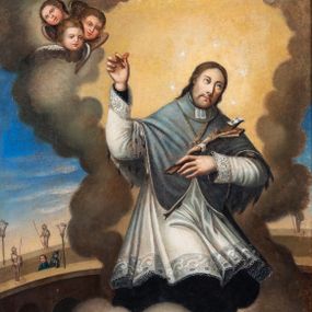 Zdjęcie nr 1: Obraz uzyskał kształt stojącego prostokąta. W centrum kompozycji ukazano klęczącego na obłokach ujętego nieznacznie w trzech czwartych w prawo św. Jana Nepomucena. Kapłan z lekko pochyloną głową w prawo, w lewej ręce zgiętej w łokciu, trzyma przyciśnięty do piersi drewniany krucyfiks z pasyjką, a w uniesionej na wysokość głowy prawej ręce swój język. Jest to dojrzały mężczyzna z owalną twarzą z wysokim czołem, wydatnym nosem i ustami otoczoną brązowymi włosami spływającym na plecy oraz krótką brodą. Jego oczy w charakterystyczny sposób są skierowane ku górze. Głowę otacza złocista poświata z wieńcem pięciu gwiazd. Męczennik ubrany jest w czarną sutannę, białą komżę obszytą u spodu i przy rękawach bogatą koronką oraz szaroniebieską almucję podbitą gronostajami z parterami pod szyją i złotym dystynktorium na piersi. Jasną poświatę okalającą postać świętego otaczają szaroniebieskie obłoki, na tle których w lewym, górnym rogu kompozycji widać trzy uskrzydlone główki aniołków. W głębi za św. Janem Nepomucenem widoczny jest Most Karola w Pradze na tle nieba z półkolistymi przęsłami rozpiętymi nad Wełtawą. Balustradę mostu zdobią latarnie gzowe oraz ustawione rzeźby zbrojnych. Na moście z lewej strony widać dwie postacie przyglądające się płynącemu pod mostem na falach rzeki ciału męczennika w stroju kanonickim w birecie, z wyciągniętym w ręce drewnianym krzyżem i głową otoczoną pięcioma gwiazdami. 