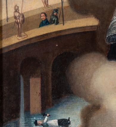 Zdjęcie nr 7: Obraz uzyskał kształt stojącego prostokąta. W centrum kompozycji ukazano klęczącego na obłokach ujętego nieznacznie w trzech czwartych w prawo św. Jana Nepomucena. Kapłan z lekko pochyloną głową w prawo, w lewej ręce zgiętej w łokciu, trzyma przyciśnięty do piersi drewniany krucyfiks z pasyjką, a w uniesionej na wysokość głowy prawej ręce swój język. Jest to dojrzały mężczyzna z owalną twarzą z wysokim czołem, wydatnym nosem i ustami otoczoną brązowymi włosami spływającym na plecy oraz krótką brodą. Jego oczy w charakterystyczny sposób są skierowane ku górze. Głowę otacza złocista poświata z wieńcem pięciu gwiazd. Męczennik ubrany jest w czarną sutannę, białą komżę obszytą u spodu i przy rękawach bogatą koronką oraz szaroniebieską almucję podbitą gronostajami z parterami pod szyją i złotym dystynktorium na piersi. Jasną poświatę okalającą postać świętego otaczają szaroniebieskie obłoki, na tle których w lewym, górnym rogu kompozycji widać trzy uskrzydlone główki aniołków. W głębi za św. Janem Nepomucenem widoczny jest Most Karola w Pradze na tle nieba z półkolistymi przęsłami rozpiętymi nad Wełtawą. Balustradę mostu zdobią latarnie gzowe oraz ustawione rzeźby zbrojnych. Na moście z lewej strony widać dwie postacie przyglądające się płynącemu pod mostem na falach rzeki ciału męczennika w stroju kanonickim w birecie, z wyciągniętym w ręce drewnianym krzyżem i głową otoczoną pięcioma gwiazdami. 