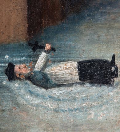 Zdjęcie nr 8: Obraz uzyskał kształt stojącego prostokąta. W centrum kompozycji ukazano klęczącego na obłokach ujętego nieznacznie w trzech czwartych w prawo św. Jana Nepomucena. Kapłan z lekko pochyloną głową w prawo, w lewej ręce zgiętej w łokciu, trzyma przyciśnięty do piersi drewniany krucyfiks z pasyjką, a w uniesionej na wysokość głowy prawej ręce swój język. Jest to dojrzały mężczyzna z owalną twarzą z wysokim czołem, wydatnym nosem i ustami otoczoną brązowymi włosami spływającym na plecy oraz krótką brodą. Jego oczy w charakterystyczny sposób są skierowane ku górze. Głowę otacza złocista poświata z wieńcem pięciu gwiazd. Męczennik ubrany jest w czarną sutannę, białą komżę obszytą u spodu i przy rękawach bogatą koronką oraz szaroniebieską almucję podbitą gronostajami z parterami pod szyją i złotym dystynktorium na piersi. Jasną poświatę okalającą postać świętego otaczają szaroniebieskie obłoki, na tle których w lewym, górnym rogu kompozycji widać trzy uskrzydlone główki aniołków. W głębi za św. Janem Nepomucenem widoczny jest Most Karola w Pradze na tle nieba z półkolistymi przęsłami rozpiętymi nad Wełtawą. Balustradę mostu zdobią latarnie gzowe oraz ustawione rzeźby zbrojnych. Na moście z lewej strony widać dwie postacie przyglądające się płynącemu pod mostem na falach rzeki ciału męczennika w stroju kanonickim w birecie, z wyciągniętym w ręce drewnianym krzyżem i głową otoczoną pięcioma gwiazdami. 