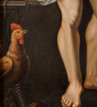 Zdjęcie nr 7: Ołtarz przyścienny, architektoniczny, jednoosiowy, jednokondygnacyjny ze zwieńczeniem. Ołtarz sarkofagowy z murowaną mensą i polichromowanym antepedium z motywem krzyża z koroną cierniową pośrodku. Część środkowa ujęta jest parą półkolumn osadzonych na postumentach  i przylegających do pary pilastrów. Ustawione lekko skośnie na zewnątrz podpory wspierają przerwane i wyłamujący się ponad nimi wysoki fryz oraz gzyms. Pole części środkowej i partii belkowania zajmuje płytka wnęka w kształcie stojącego prostokąta zamkniętego półkoliście. Zwieńczenie retabulum ujęte jest parą spływów oraz prostopadłościennych cokołów. Szczyt jest w formie trójkątnego przyczółka. Obraz w części środkowej ma kształt stojącego prostokąta zamkniętego półkoliście i przedstawia Męża Boleści wśród narzędzi męki Pańskiej. W zwieńczeniu jest obraz w kształcie stojącego prostokąta z wizerunkiem św. Stanisława Kostki. Pole przyczółka wypełnia polichromia przedstawiająca oko Opatrzności Bożej. Na ujmujących zwieńczenie cokołach znajduje się para figur siedzących aniołów w złoconych szatach. Kolorystyka struktury retabulum utrzymana jest w kolorze białym i jasnożółtym, detal architektoniczny jest złocony.         