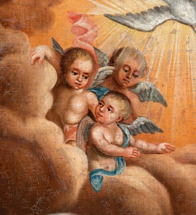 Zdjęcie nr 10: Obraz w kształcie stojącego prostokąta, ujęty profilowaną, złoconą ramą zdobioną w narożach motywami ornamentalnymi, przedstawia scenę Zwiastowania Najświętszej Marii Pannie. Po prawej stronie kompozycji znajduje się postać klęczącej na klęczniku Marii skierowanej w prawo i odwracającej się ku znajdującemu się za nią archaniołowi Gabrielowi. Głowa Marii jest lekko opuszczona i przechylona na prawe ramię, owalną twarz charakteryzują delikatne, młodzieńcze rysy z długim, nosem, drobnymi ustami i półprzymkniętymi oczami. Ciemne blond włosy widoczne są spod osłaniającej głowę i opadającej na plecy białej chusty. Strój Marii stanowi czerwona, przewiązana w pasie suknia oraz przerzucony przez lewe ramię i osłaniający nogi niebieski płaszcz. Na stopach są sandały. Maria prawą rękę wspiera na piersiach, lewą na otwartej księdze leżącej na pulpicie klęcznika. Po lewej stronie kompozycji ukazana jest przyklękająca na obłokach postać archanioła Gabriela zwróconego w trzech czwartych w lewo. Ukazaną w profilu twarz charakteryzują wyraziste rysy, długie, blond, skręcone włosy opadają na plecy. Archanioł ubrany jest w jasnoróżową suknię o podpiętych dekoracyjnymi zaponami rękawach i dolnym brzegu. Przez lewe ramię przerzucony jest niebieski płaszcz. Na plecach widoczne są skrzydła, na nogach wysoko wiązane sandały. Lewą rękę wznosi ku górze, w prawej zgiętej w łokciu i wyciągniętej przed siebie trzyma kwiat białej lilii. W górnej partii kompozycji, pośród obłoków widoczne są sylwetki aniołków, z których jeden trzyma gałązki różane. Pośrodku, na tle promienistej glorii ukazana jest gołębica Ducha Świętego. Po prawej stronie, tuż przy krawędzi, widoczne jest fragmentarycznie okno ze stojącym na parapecie wysokim wazonem z białymi i różowymi różami oraz lilią. W lewym, dolnym rogu, obok klęcznika znajduje się kosz z motkiem i robótką oraz zamknięta księga. Sygnatura: „A(nno) D(omini) 1848 / Jan Stankiewicz pinx[it] / osw[?] / Fondator / [...] Kod[?]ski”.