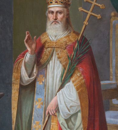 Zdjęcie nr 3: Obraz w kształcie stojącego prostokąta ujęty został w prostokątną, profilowaną ramę zwieńczoną nadwieszonym łukiem odcinkowym. W centrum kompozycji ukazano w całej postaci frontalnie św. papieża Urbana. Jego głowę ujęto nieznacznie w trzech czwartych w prawo. Papież prawą rękę unosi w geście błogosławieństwa, a w lewej trzyma złoty, papieski krzyż z dwiema poprzeczkami oraz palmę męczeństwa. Jest to starszy mężczyzna z długą, siwą brodą i włosami widocznymi spod kosztownej tiary papieskiej, jaką ma założoną na głowie. Jego pociągła twarz charakteryzuje się dostojnym spojrzeniem, prostym nosem i wydatnymi ustami. Ubrany jest w białą albę z humerałem, bladofioletową stułę oraz szkarłatną kapę lamowaną złocistą, dekoracyjną bortą. Urbana ukazano we wnętrzu komnaty obok ustawionego z prawej strony kompozycji tronu z podłokietnikami na podwyższeniu, wyścielonego bladofioletową tapicerką, dekorowaną złocistym obszyciem w kształcie taśmy i widocznego z lewej strony krucyfiksu stojącego na postumencie, pod którym przedstawiono otwartą księgę.