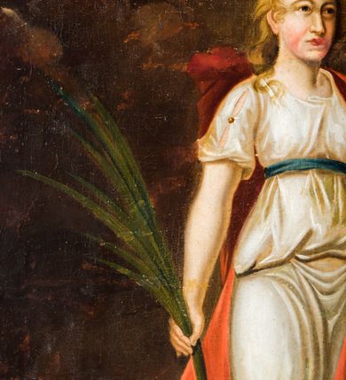 Zdjęcie nr 3: Obraz uzyskał kształt stojącego prostokąta ujętego w prostą, czerwoną ramę. W centrum kompozycji ukazano w całej postaci stojącą w wydatnym kontrapoście św. Teklę, ujętą w trzech czwartych w lewo. Święta w uniesionej lewej ręce trzyma drewniany krzyż, a w prawej opuszczonej wzdłuż tułowia gałązkę palmową. Ma pociągłą twarz o rumianych policzkach, wydatny nos i usta oraz ciemne oczy o spojrzeniu skierowanym na krzyż. Jej głowę otaczają jasnobrązowe włosy spływające na plecy. Święta ubrana jest w białą, drapowaną na wzór antycznego chitonu suknię przewiązaną pod biustem błękitnym paskiem. Przez lewe ramię ma przerzucony osłaniający plecy czerwony płaszcz. Spod szat widoczne są bose stopy. Teklę ukazano na tle utrzymanego w ciemnobrązowej kolorystyce pejzażu. U jej stóp po lewej stronie kompozycji wije się wąż, a po prawej leży lew, zaś w głębi widoczne jest płonące ognisko.