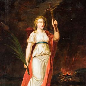 Zdjęcie nr 1: Obraz uzyskał kształt stojącego prostokąta ujętego w prostą, czerwoną ramę. W centrum kompozycji ukazano w całej postaci stojącą w wydatnym kontrapoście św. Teklę, ujętą w trzech czwartych w lewo. Święta w uniesionej lewej ręce trzyma drewniany krzyż, a w prawej opuszczonej wzdłuż tułowia gałązkę palmową. Ma pociągłą twarz o rumianych policzkach, wydatny nos i usta oraz ciemne oczy o spojrzeniu skierowanym na krzyż. Jej głowę otaczają jasnobrązowe włosy spływające na plecy. Święta ubrana jest w białą, drapowaną na wzór antycznego chitonu suknię przewiązaną pod biustem błękitnym paskiem. Przez lewe ramię ma przerzucony osłaniający plecy czerwony płaszcz. Spod szat widoczne są bose stopy. Teklę ukazano na tle utrzymanego w ciemnobrązowej kolorystyce pejzażu. U jej stóp po lewej stronie kompozycji wije się wąż, a po prawej leży lew, zaś w głębi widoczne jest płonące ognisko.