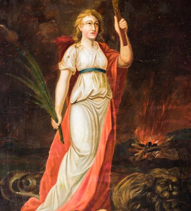 Zdjęcie nr 2: Obraz uzyskał kształt stojącego prostokąta ujętego w prostą, czerwoną ramę. W centrum kompozycji ukazano w całej postaci stojącą w wydatnym kontrapoście św. Teklę, ujętą w trzech czwartych w lewo. Święta w uniesionej lewej ręce trzyma drewniany krzyż, a w prawej opuszczonej wzdłuż tułowia gałązkę palmową. Ma pociągłą twarz o rumianych policzkach, wydatny nos i usta oraz ciemne oczy o spojrzeniu skierowanym na krzyż. Jej głowę otaczają jasnobrązowe włosy spływające na plecy. Święta ubrana jest w białą, drapowaną na wzór antycznego chitonu suknię przewiązaną pod biustem błękitnym paskiem. Przez lewe ramię ma przerzucony osłaniający plecy czerwony płaszcz. Spod szat widoczne są bose stopy. Teklę ukazano na tle utrzymanego w ciemnobrązowej kolorystyce pejzażu. U jej stóp po lewej stronie kompozycji wije się wąż, a po prawej leży lew, zaś w głębi widoczne jest płonące ognisko.