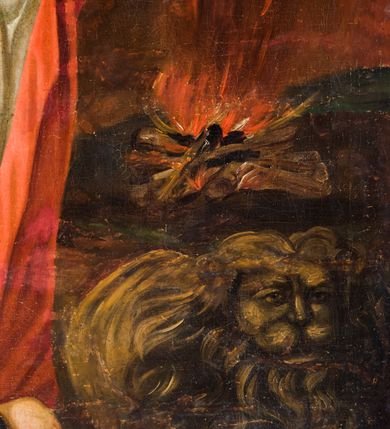 Zdjęcie nr 7: Obraz uzyskał kształt stojącego prostokąta ujętego w prostą, czerwoną ramę. W centrum kompozycji ukazano w całej postaci stojącą w wydatnym kontrapoście św. Teklę, ujętą w trzech czwartych w lewo. Święta w uniesionej lewej ręce trzyma drewniany krzyż, a w prawej opuszczonej wzdłuż tułowia gałązkę palmową. Ma pociągłą twarz o rumianych policzkach, wydatny nos i usta oraz ciemne oczy o spojrzeniu skierowanym na krzyż. Jej głowę otaczają jasnobrązowe włosy spływające na plecy. Święta ubrana jest w białą, drapowaną na wzór antycznego chitonu suknię przewiązaną pod biustem błękitnym paskiem. Przez lewe ramię ma przerzucony osłaniający plecy czerwony płaszcz. Spod szat widoczne są bose stopy. Teklę ukazano na tle utrzymanego w ciemnobrązowej kolorystyce pejzażu. U jej stóp po lewej stronie kompozycji wije się wąż, a po prawej leży lew, zaś w głębi widoczne jest płonące ognisko.