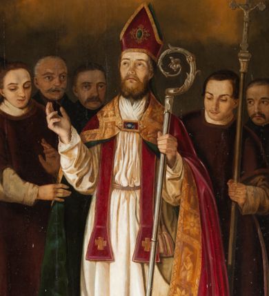 Zdjęcie nr 1: Obraz uzyskał kształt stojącego prostokąta. W centrum kompozycji przedstawiono w całej postaci frontalnie w nieznacznym kontrapoście św. Stanisława stojącego nad grobem Piotrowina. Stanisław z uniesioną głową i spojrzeniem w niebo prawą rękę unosi w geście błogosławieństwa, a w lewej trzyma srebrny pastorał o krzywaśni utworzonej z wici roślinnej. Ma pociągłą twarz o  wydatnym nosi i ustach, otoczoną brązowym zarostem. Ubrany jest w humerał, albę obszytą u spodu koronką, przewiązaną w pasie cingulum, szkarłatną stułę oraz taką samą kapę podbitą ciemną zielenią, spiętą pod szyją fibulą i obwiedzioną złocistą, szeroką bortą. Na głowie ma szkarłatną infułę lamowaną złotą tasiemką, a na przedzie zdobioną klejonem. Przed biskupem w lewym rogu kompozycji z czworobocznego otworu w posadzce wyłania się postać wskrzeszonego Piotrowina. Jest to starszy mężczyzna o bladotrupiej karnacji ze złożonymi modlitewnie rękami. Jego wychudłą twarz okala brązowa, krótka broda i włosy. Głowę ma przewiązaną białą chustką. Postać owinięta jest białym całunem. Stanisławowi po bokach towarzyszą dwaj diakoni w ciemnobordowych dalmatykach. Są to młodzi mężczyźni. Diakon z prawej strony śwciętego podtrzymuj połę kapy, a z lewej trzyma procesyjny krzyż. Za nimi z tyłu na jasnobrązowym tle widać zdziwione i przerażone twarze czterech starszych, wąsiastych i krótko obciętych mężczyzn będących świadkami cudu.