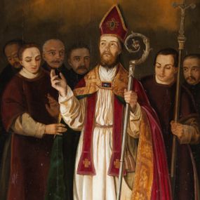 Zdjęcie nr 1: Obraz uzyskał kształt stojącego prostokąta. W centrum kompozycji przedstawiono w całej postaci frontalnie w nieznacznym kontrapoście św. Stanisława stojącego nad grobem Piotrowina. Stanisław z uniesioną głową i spojrzeniem w niebo prawą rękę unosi w geście błogosławieństwa, a w lewej trzyma srebrny pastorał o krzywaśni utworzonej z wici roślinnej. Ma pociągłą twarz o  wydatnym nosi i ustach, otoczoną brązowym zarostem. Ubrany jest w humerał, albę obszytą u spodu koronką, przewiązaną w pasie cingulum, szkarłatną stułę oraz taką samą kapę podbitą ciemną zielenią, spiętą pod szyją fibulą i obwiedzioną złocistą, szeroką bortą. Na głowie ma szkarłatną infułę lamowaną złotą tasiemką, a na przedzie zdobioną klejonem. Przed biskupem w lewym rogu kompozycji z czworobocznego otworu w posadzce wyłania się postać wskrzeszonego Piotrowina. Jest to starszy mężczyzna o bladotrupiej karnacji ze złożonymi modlitewnie rękami. Jego wychudłą twarz okala brązowa, krótka broda i włosy. Głowę ma przewiązaną białą chustką. Postać owinięta jest białym całunem. Stanisławowi po bokach towarzyszą dwaj diakoni w ciemnobordowych dalmatykach. Są to młodzi mężczyźni. Diakon z prawej strony śwciętego podtrzymuj połę kapy, a z lewej trzyma procesyjny krzyż. Za nimi z tyłu na jasnobrązowym tle widać zdziwione i przerażone twarze czterech starszych, wąsiastych i krótko obciętych mężczyzn będących świadkami cudu.