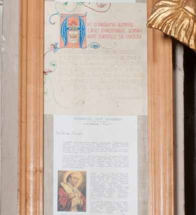 Zdjęcie nr 42: Nastawa niearchitektoniczna w formie paludamentu. Mensa kamienna, oparta na dwóch kamiennych pilastrach o kanelowanych trzonach, ustawionych na cokolikach. Na mensie  tabernakulum w formie drewnianej skrzynki na czterech nóżkach, zakończone gzymsem, o drzwiczkach w kształcie stojącego prostokąta o ściętych górnych narożach, ujęte profilowaną ramą z przedstawieniem kielicha z hostią w glorii. Na nim tron wystawienia na relikwiarz. Tabernakulum flankują dwie figury aniołów ustawione na cokołach. 
Paludament podwiązany po bokach sznurem z chwostami, podtrzymywany przez putta, lamowany frędzlą, zwieńczony baldachimem utworzonym z fragmentu wklęsło-wypukłego gzymsu z lambrekinem. W polu wnęka w kształcie stojącego prostokąta ujęta profilowaną ramą i rocaille'm, z obrazem św. Karola Boromeusza. Nad obrazem rzeźbione obłoki i dwie uskrzydlone główki anielskie, po bokach nadlatujące dwa putta. Paludament polichromowany wewnątrz w kolorze szaro-brązowym, zewnątrz złocony.