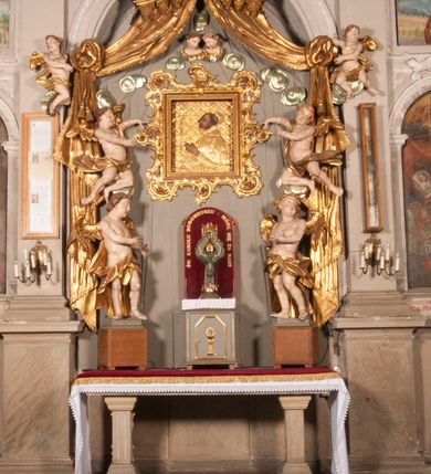 Zdjęcie nr 24: Nastawa niearchitektoniczna w formie paludamentu. Mensa kamienna, oparta na dwóch kamiennych pilastrach o kanelowanych trzonach, ustawionych na cokolikach. Na mensie  tabernakulum w formie drewnianej skrzynki na czterech nóżkach, zakończone gzymsem, o drzwiczkach w kształcie stojącego prostokąta o ściętych górnych narożach, ujęte profilowaną ramą z przedstawieniem kielicha z hostią w glorii. Na nim tron wystawienia na relikwiarz. Tabernakulum flankują dwie figury aniołów ustawione na cokołach. 
Paludament podwiązany po bokach sznurem z chwostami, podtrzymywany przez putta, lamowany frędzlą, zwieńczony baldachimem utworzonym z fragmentu wklęsło-wypukłego gzymsu z lambrekinem. W polu wnęka w kształcie stojącego prostokąta ujęta profilowaną ramą i rocaille'm, z obrazem św. Karola Boromeusza. Nad obrazem rzeźbione obłoki i dwie uskrzydlone główki anielskie, po bokach nadlatujące dwa putta. Paludament polichromowany wewnątrz w kolorze szaro-brązowym, zewnątrz złocony.