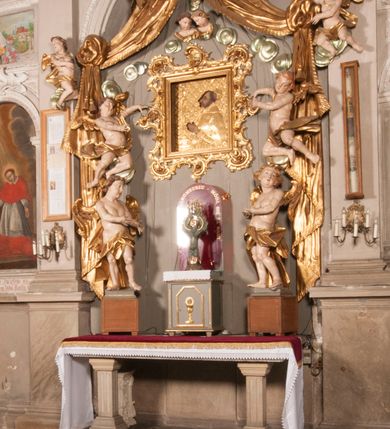 Zdjęcie nr 13: Nastawa niearchitektoniczna w formie paludamentu. Mensa kamienna, oparta na dwóch kamiennych pilastrach o kanelowanych trzonach, ustawionych na cokolikach. Na mensie  tabernakulum w formie drewnianej skrzynki na czterech nóżkach, zakończone gzymsem, o drzwiczkach w kształcie stojącego prostokąta o ściętych górnych narożach, ujęte profilowaną ramą z przedstawieniem kielicha z hostią w glorii. Na nim tron wystawienia na relikwiarz. Tabernakulum flankują dwie figury aniołów ustawione na cokołach. 
Paludament podwiązany po bokach sznurem z chwostami, podtrzymywany przez putta, lamowany frędzlą, zwieńczony baldachimem utworzonym z fragmentu wklęsło-wypukłego gzymsu z lambrekinem. W polu wnęka w kształcie stojącego prostokąta ujęta profilowaną ramą i rocaille&#039;m, z obrazem św. Karola Boromeusza. Nad obrazem rzeźbione obłoki i dwie uskrzydlone główki anielskie, po bokach nadlatujące dwa putta. Paludament polichromowany wewnątrz w kolorze szaro-brązowym, zewnątrz złocony.