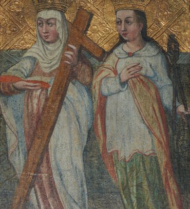 Zdjęcie nr 5: Na awersach ukazano osiem świętych dziewic: św. Urszulę i św. Katarzynę w kwaterze górnej skrzydła lewego, św. Małgorzatę i św. Agnieszkę w kwaterze dolnej. Na awersie skrzydła prawego św. Dorotę i św. Barbarę w kwaterze górnej oraz św. Helenę i św. Apolonię w kwaterze dolnej. Święte ukazane w powtarzalnych pozach, zwrócone ku środkowi poliptyku z odpowiednimi im atrybutami w dłoniach. Twarze o braku zindywidualizowanych rysów, pełne, o wysokich czołach z długimi nosami, pełnymi ustami i silnie zarumienionymi policzkami. Na głowach mają korony, a wokół nich koliste i złocone nimby. Ubrane są długie suknie i różnokolorowe płaszcze spięte na dekolcie. Szaty miękko drapowane. Tło do wysokości trzech czwartych zajmuje ciemna kotara, w górnej części scen tło złocone, grawerowane w ukośną kratę wypełnioną w polach rozetami.

Na rewersach ukazano sceny z Męki Pańskiej: na skrzydle prawym Biczowanie (kwatera górna) i Cierniem Ukoronowanie (kwatera dolna), zaś na rewersie skrzydła lewego scenę Ukrzyżowanie (kwatera górna) i Zmartwychwstanie (kwatera dolna). W scenie Ukrzyżowania u stóp Matki Boskiej i św. Jana przedstawiono klęczących fundatorów: mężczyznę w czarnej szacie, który trzyma w dłoniach otwartą księgę oraz kobietę w czarnej sukni i białej chuście na głowie. 
