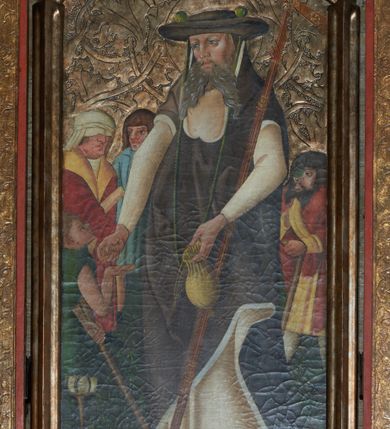 Zdjęcie nr 1: Na awersach ukazano osiem świętych dziewic: św. Urszulę i św. Katarzynę w kwaterze górnej skrzydła lewego, św. Małgorzatę i św. Agnieszkę w kwaterze dolnej. Na awersie skrzydła prawego św. Dorotę i św. Barbarę w kwaterze górnej oraz św. Helenę i św. Apolonię w kwaterze dolnej. Święte ukazane w powtarzalnych pozach, zwrócone ku środkowi poliptyku z odpowiednimi im atrybutami w dłoniach. Twarze o braku zindywidualizowanych rysów, pełne, o wysokich czołach z długimi nosami, pełnymi ustami i silnie zarumienionymi policzkami. Na głowach mają korony, a wokół nich koliste i złocone nimby. Ubrane są długie suknie i różnokolorowe płaszcze spięte na dekolcie. Szaty miękko drapowane. Tło do wysokości trzech czwartych zajmuje ciemna kotara, w górnej części scen tło złocone, grawerowane w ukośną kratę wypełnioną w polach rozetami.

Na rewersach ukazano sceny z Męki Pańskiej: na skrzydle prawym Biczowanie (kwatera górna) i Cierniem Ukoronowanie (kwatera dolna), zaś na rewersie skrzydła lewego scenę Ukrzyżowanie (kwatera górna) i Zmartwychwstanie (kwatera dolna). W scenie Ukrzyżowania u stóp Matki Boskiej i św. Jana przedstawiono klęczących fundatorów: mężczyznę w czarnej szacie, który trzyma w dłoniach otwartą księgę oraz kobietę w czarnej sukni i białej chuście na głowie. 
