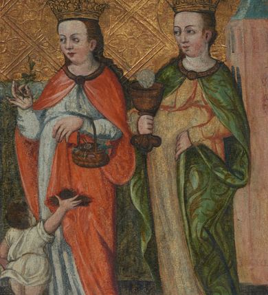 Zdjęcie nr 3: Na awersach ukazano osiem świętych dziewic: św. Urszulę i św. Katarzynę w kwaterze górnej skrzydła lewego, św. Małgorzatę i św. Agnieszkę w kwaterze dolnej. Na awersie skrzydła prawego św. Dorotę i św. Barbarę w kwaterze górnej oraz św. Helenę i św. Apolonię w kwaterze dolnej. Święte ukazane w powtarzalnych pozach, zwrócone ku środkowi poliptyku z odpowiednimi im atrybutami w dłoniach. Twarze o braku zindywidualizowanych rysów, pełne, o wysokich czołach z długimi nosami, pełnymi ustami i silnie zarumienionymi policzkami. Na głowach mają korony, a wokół nich koliste i złocone nimby. Ubrane są długie suknie i różnokolorowe płaszcze spięte na dekolcie. Szaty miękko drapowane. Tło do wysokości trzech czwartych zajmuje ciemna kotara, w górnej części scen tło złocone, grawerowane w ukośną kratę wypełnioną w polach rozetami.

Na rewersach ukazano sceny z Męki Pańskiej: na skrzydle prawym Biczowanie (kwatera górna) i Cierniem Ukoronowanie (kwatera dolna), zaś na rewersie skrzydła lewego scenę Ukrzyżowanie (kwatera górna) i Zmartwychwstanie (kwatera dolna). W scenie Ukrzyżowania u stóp Matki Boskiej i św. Jana przedstawiono klęczących fundatorów: mężczyznę w czarnej szacie, który trzyma w dłoniach otwartą księgę oraz kobietę w czarnej sukni i białej chuście na głowie. 
