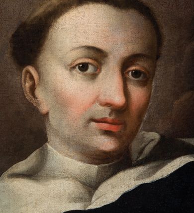 Zdjęcie nr 19: Obraz uzyskał kształt stojącego prostokąta. W centrum kompozycji na tle brązowo-szarych obłoków ukazano frontalnie w dwóch trzecich św. Wincentego Ferreriusza z głową ujętą w trzech czwartych w prawo. Święty lewą rękę w geście wskazującym unosi na wysokość głowy, w prawej trzyma krzyż, wspierając ją na stojącej, pionowo księdze. Jest to mężczyzna w średnim wieku z pociągłą twarzą o jasnej karnacji z rumianymim policzkami, wydatnym nosie i ustach, ciemnych szeroko otwartych oczach oraz wysokim czołem. Jego głowę otaczają krótkie przystrzyżone włosy z tonsurą, odsłaniające prawe ucho. Nad nią widać unoszący się płomyk ognia. Wincenty ubrany jest w habit dominikański z czarnym płaszczem. W prawej ręce dominikanin trzyma drewniany krzyż ze srebrzystą postacią ukrzyżowanego Chrystusa. W otwartej księdze umieszczono napis: &quot;TIME / TE DEUM/ ET DATE / ILLI / HONOREM&quot;. Z tyłu widać brązowo-srebrzyste skrzydła. W górnym prawym rogu kompozycji widać wyłaniającą się z obłoków trąbę. Po przeciwległej stronie na obłoku ukazano parę uskrzydlonych główek anielskich. Przed postacią świętego wyobrażono złocisty kartusz z identyfikacyjnym napisem w dolnej części przysłoniętym przez ramę obrazu. W polu kartusza napisano: &quot;Divi Vincentij Ferrery / Vera Effigies anno ce... / sua XXXXVIIII Tuscis Sacra Ven.../ &quot;.  