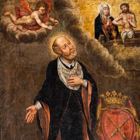 Zdjęcie nr 1: Obraz uzyskał kształt stojącego prostokąta. Ujmuje go współczesna, profilowana i złocona rama gipsowa. W centrum kompozycji ukazano z uniesioną głową klęczącego św. Jana Kantego. Duchowny został ujęty w trzech czwartych w prawo. Lewą rękę przykłada do piersi, prawą zaś wyciągniętą odsuwa od siebie. Jest to starszy mężczyzna o pociągłej twarzy z jasną karnacją, wysokim łysym czołem oraz siwiejącymi resztkami włosów odsłaniającymi lewe ucho i krótką brodą. Ma prosty nos, spojrzenie skierowane na otwierające się niebiosa oraz wydatne, pełne wargi. Jego głowę otacza jaśniejąca poświata. Jan ubrany jest w czarną sutannę i podbitą czerwienią czarną togę akademicką z gronostajowym kołnierzem. Przy jego nogach w prawym rogu obrazu na zamkniętej księdze leży biret, a obok lilia. Powyżej widać w rollwerkowym kartuszu pod złotą koroną dwa skrzyżowane złote berła w czerwonym polu - herb Uniwersytetu Jagiellońskiego. W prawym, górnym rogu kompozycji w otwartych niebiosach utworzonych z szarobiałych obłoków na jaśniejącym tle wyobrażono Chrystusa w studni oraz stojącą za nim ze złożonymi do modlitwy rękami Matkę Boską. Na brzegu sarkofagu, w którym stoi Chrystus Bolesny widać złoty kielich, do którego tryska krew z przebitego boku Pana. Z kolei nad głową św. Jana na podobnych obłokach przedstawiono uskrzydlonego aniołka trzymającego oburącz wieniec laurowy, który nakłada na głowę świetego.