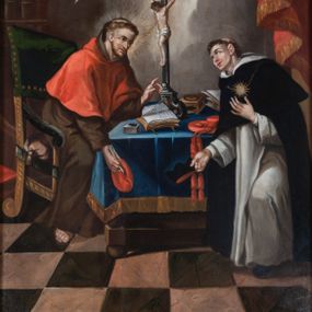 Zdjęcie nr 1: Obraz w formie stojącego prostokąta o ściętych górnych narożach. W centrum kompozycji św. Bonawentura siedzący na fotelu, za stołem, przed nim zaś św. Tomasz z Akwinu. Bonawentura ukazany jako siedzący, pochylony, zwrócony w trzech czwartych w lewo, w prawej, opuszczonej ręce trzyma pióro i czerwoną piuskę, lewą opiera łokciem na stole, unosząc dłoń w geście wskazującym. Twarz ma szczupłą, o starszych rysach, dużych oczach, garbatym nosie i pełnych, rozchylonych ustach, okoloną krótką brodą, na głowie ma tonsurę. Wokół jego głowy gloria promienista, a z jego ust wydobywa się zapis słów: „HAEC EST MEA BIBLIOTECA”. Ubrany jest w brązowy habit z kapturem oraz czerwony mucet, na stopach ma sandały. Święty siedzi na poduszce, na fotelu podbitym zieloną tkaniną. Przed nim stół nakryty niebieską tkaniną z frędzlą, na nim krucyfiks, otwarta księga, kałamarz, zegar kaflak, zamknięte księgi i kapelusz kardynalski z chwostami. Po drugiej stronie stołu ukazany św. Tomasz z Akwinu, zwrócony w trzech czwartych w prawo, pochylony, oparty na ugiętym lewym kolanie, z uniesioną głową. Lewą rękę kładzie na piersi, prawą wyciąga do przodu, w dłoni trzyma biret. Twarz ma okrągłą, o starczych rysach i dużych uszach, ma duże oczy, skierowane w górę, mały nos i pełne usta, na głowie ma tonsurę. Ubrany jest w biały habit z kapturem i szkaplerzem oraz czarny płaszcz z pelerynką, na piersi, na łańcuchu ma zawieszone słońce. Scena ukazana we wnętrzu z biblioteką i szachownicową podłogą. W górnej części obrazu, pośród obłoków, ukazany anioł, dwa putta i cztery uskrzydlone główki anielskie. W prawym górnym rogu podwieszona czerwona draperia obszyta frędzlą. 