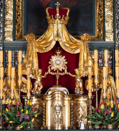 Zdjęcie nr 6: Nastawa architektoniczna, trójosiowa, dwukondygnacyjna, ustawiona na wysokim cokole z wyodrębnionymi prostopadłościanami. Ołtarz prostopadłościenny, z drewnianą mensą. Antepedium ujęte profilowaną ramą, w polu medalion z monogramem IHS w glorii. Na ołtarzu ustawione tabernakulum z tronem wystawienia. Tabernakulum w formie trójosiowej skrzynki, o wklęsło-wypukłym licu, artykułowanej kolumienkami o kręconych trzonach, podtrzymującymi belkowanie, wyłamane na ich osi, z gzymsem wyłamanym faliście na osi środkowej. Drzwiczki w formie stojącego prostokąta zamkniętego łukiem półkolistym nadwieszonym z uskokiem, ujętego ramą z płaskorzeźbionym przedstawieniem kielicha z hostią w glorii. Na osiach bocznych płaskorzeźbione przedstawienia winnego grona. Tron wystawienia w formie paludamentu, podwójnie podwieszonego po bokach, zwieńczonego koroną zamkniętą. 
Cokół dekorowany płycinami wypełnionymi suchym akantem. Pierwsza kondygnacja nastawy ujęta dwiema parami kolumn o kapitelach kompozytowych oraz stojącą między nimi parą pilastrów, w których trzonach znajdują się gabloty na wota. Przed pilastrami na cokołach ustawione dwie figury aniołów. Podpory dźwigają pełne belkowanie, przerwane w partii architrawu i fryzu nad polem środkowym, wyłamane na osi kolumn, na osi pilastrów belkowanie wyłamane pod kątem, w formie impostu z podwieszonymi szyszkami. Na belkowaniu, na obłokach dwie figurki adorujących puttów oraz dwa wazony na cokołach. W polu środkowym wnęka w formie stojącego prostokąta o wciętych górnych narożach, ujęta podwójną ramą, dekorowaną ornamentem roślinnym, z obrazem św. Józefa. Wnęka otoczona z trzech stron gablotami z wotami. Nad nią, w polu belkowania kartusz utworzony z suchego akantu z napisem w polu: „ŚW(IĘTY) JÓZEFIE / MÓDL SIĘ / ZA NAMI”. Druga kondygnacja o szerokości osi środkowej, ustawiona na cokole z wyodrębnionymi prostopadłościanami oraz gablotą z wotami, ujęta dwiema parami pilastrów i spływami wolutowymi oraz stojącą przed nimi parą kolumn, dźwigających zdwojone imposty oraz fragmenty przerwanego, półkolistego przyczółka z siedzącymi puttami. Spływy zdobione festonami utworzonymi z wstęgi oraz kwiatów. Całość zamknięta fragmentem falistego gzymsu oraz Okiem Opatrzności w glorii promienistej. W polu obraz Zaślubin Marii ze św. Józefem w formie stojącego prostokąta o ściętych narożach, ujęty ramą dekorowaną ornamentem roślinnym. Flankowany dwiema prostokątnymi płycinami wypełnionymi akantem. Obie kondygnacje ujęte uszami utworzonymi z suchego akantu. Struktura polichromowana w kolorze zielonym, kolumny, ornamentyka i profile złocone.




