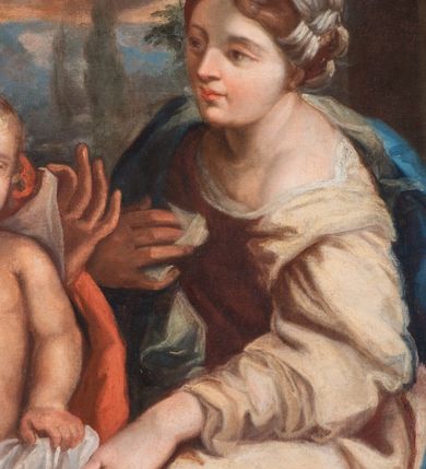 Zdjęcie nr 6: Nastawa architektoniczna, jednoosiowa, jednokondygnacyjna ze zwieńczeniem, ustawiona na dwustrefowym cokole z wyodrębnionymi dwoma prostopadłościanami. Ołtarz prostopadłościenny, z drewnianą mensą. Antepedium ujęte profilowaną, złoconą ramą, na tle fioletowego pola mandorla z chrystogramem Chi Rho oraz literami alfa i omega, w glorii promienistej. Cokół w górnej strefie dekorowany płycinami wypełnionymi akantem. Nastawa flankowana parą pilastrów o kanelowanych trzonach i stojących przed nimi kolumn o kapitelach kompozytowych i kręconych trzonach, oplecionych akantem, ustawionych pod kątem na zewnątrz, dźwigających pełne belkowanie, wyłamane na ich osi, o fryzie dekorowanym rozetami, z siedzącymi na nim puttami. Pole centralne niemal w całości wypełnione wnęką ujętą profilowaną ramą w formie stojącego prostokąta o wklęsłych górnych narożach. We wnęce obraz z przedstawieniem Niepokalanego Poczęcia Matki Boskiej, na zasuwie św. Anna Samotrzeć. Nad obrazem, w polu belkowania kartusz utworzony z akantu, girland i zwisów z napisem „POD / TWOJĄ OBRONĘ / UCIEKAMY / SIĘ”. Kondygnacja ujęta uszami utworzonymi z akantu. Zwieńczenie w formie stojącego prostokąta o lekko wklęsłych bokach, zamknięte fragmentem segmentowego gzymsu zakończonego wolutami, dekorowanego obłokami, liśćmi oraz figurą putta i uskrzydlonych główek anielskich. W polu obraz św. Róży z Viterbo w formie zbliżonej do trapezu o wklęsłych podstawach, ujęty profilowaną ramą. Zwieńczenie flankowane uszami z akantu i kampanuli. Struktura polichromowana w kolorze zielonym, ze złoconymi kolumnami, profilami i ornamentyką. 