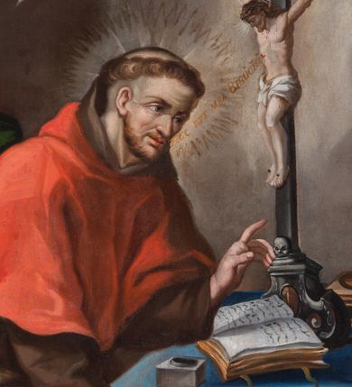 Zdjęcie nr 12: Nastawa architektoniczna, jednoosiowa, jednokondygnacyjna ze zwieńczeniem, ustawiona na dwustrefowym cokole z wyodrębnionymi dwoma prostopadłościanami. Ołtarz prostopadłościenny, z drewnianą mensą. Antepedium ujęte profilowaną, złoconą ramą, na tle fioletowego pola mandorla z chrystogramem Chi Rho oraz literami alfa i omega, w glorii promienistej. Cokół w górnej strefie dekorowany płycinami wypełnionymi akantem. Nastawa flankowana parą kolumn o kapitelach kompozytowych, dźwigających pełne belkowanie, wyłamane pod kątem na ich osi, przerwane pośrodku, z siedzącymi na nim puttami, o fryzie dekorowanym rozetami. Pole centralne niemal w całości wypełnione wnęką ujętą profilowaną ramą zdobioną miejscami  ornamentem roślinnym, w formie stojącego prostokąta o wklęsłych górnych narożach. We wnęce obraz z przedstawieniem św. Agnieszki, na zasuwie św. Bonawentury i św. Tomasza z Akwinu. Nad obrazem rzeźbione obłoki z trzema uskrzydlonymi główkami anielskimi. Kondygnacja ujęta uszami utworzonymi z akantu i kampanuli. Zwieńczenie w formie stojącego prostokąta o lekko wklęsłych bokach, zamknięte fragmentem falistego gzymsu, na którym siedzi putto. W polu obraz św. Klary w formie stojącego owalu, ujęty ramą zdobioną wieńcem laurowym. Zwieńczenie dekorowane w polu czterema rozetami, flankowane uszami z akantu. Struktura polichromowana w kolorze zielonym, ze złoconymi kolumnami, profilami i ornamentyką. 