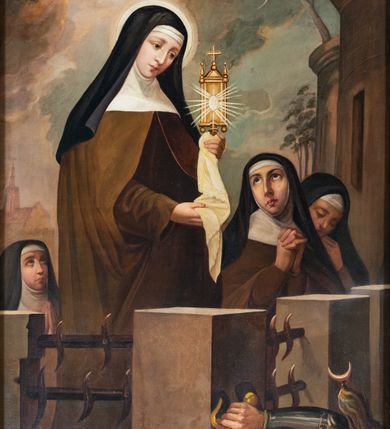 Zdjęcie nr 8: Nastawa architektoniczna, jednoosiowa, jednokondygnacyjna ze zwieńczeniem, ustawiona na dwustrefowym cokole z wyodrębnionymi dwoma prostopadłościanami. Ołtarz prostopadłościenny, z drewnianą mensą. Antepedium ujęte profilowaną, złoconą ramą, na tle fioletowego pola mandorla z chrystogramem Chi Rho oraz literami alfa i omega, w glorii promienistej. Cokół w górnej strefie dekorowany płycinami wypełnionymi akantem. Nastawa flankowana parą kolumn o kapitelach kompozytowych, dźwigających pełne belkowanie, wyłamane na ich osi, częściowo przerwane pośrodku, z siedzącymi na nim puttami, o fryzie dekorowanym rozetami. Pole centralne niemal w całości wypełnione wnęką ujętą ramą zdobioną ornamentem roślinnym, w formie stojącego prostokąta z wyłamanym schodkowo fragmentem w górnym boku, wypełnionym akantem. We wnęce obraz „Stygmatyzacja św. Franciszka”, na zasuwie przedstawienie św. Klary. Kondygnacja ujęta uszami utworzonymi z akantu i kampanuli. Zwieńczenie w formie stojącego prostokąta o lekko wklęsłych bokach, zamknięte fragmentem falistego gzymsu z obłokami, puttem i dwoma uskrzydlonymi główkami anielskimi. W polu obraz św. Elżbiety Węgierskiej w formie stojącego prostokąta o ściętych narożach, ujęty ramą zdobioną ornamentem roślinnym. W miejscu naroży cztery rozety. Zwieńczenie flankowane uszami z akantu i kampanuli. Struktura polichromowana w kolorze zielonym, ze złoconymi kolumnami, profilami i ornamentyką. 