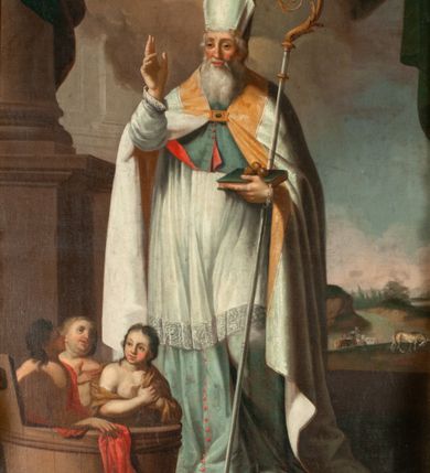 Zdjęcie nr 32: Ołtarz jednoosiowy, jednokondygnacyjny ze zwieńczeniem. Podwójny cokół z wąską, drewnianą mensą ołtarzową, tabernakulum ze spływami wolutowymi. Retabulum flankowane dwiema ćwierć kolumnami skierowanymi po ukosie na zewnątrz, z których każda ujęta parą korynckich, kanelowanych pilastrów dźwigających przełamujące się nad nimi belkowanie i dwa faliste naczółki. Na tle pilastrów, na konsolach stoją dwa uskrzydlone anioły. Zwieńczenie ujęte spływami wolutowymi, zakończone dwiema profilowanym, lekko falistym gzymsem z dwiema stykającymi się wolutami. W polu głównym szeroka, złocona, prostokątna rama z obrazami „Św. Mikołaj” i &quot;Wizja św. Franciszka&quot; na zasuwie, w zwieńczeniu owalny obraz w złoconej ramie z przedstawieniem św. Antoniego. Figury aniołów wydrążone, ukazane w kontrapoście, z dłońmi wysuniętymi do przodu; anioł po lewej trzyma chustę. Ich twarze są owalne o regularnych rysach, z brązowymi puklowanymi włosami sięgającymi ramion. Z tyłu przymocowane duże, złote skrzydła. Ubrane są w długie, złote szaty o ostrym zarysie, odsłaniające klatkę piersiową i jedną z nóg. W partii belkowania para nagich puttów ze złoconymi opaskami na biodrach ujmujących kartusz w rokokowym obramieniu z chrystogramem. Na naczółkach z kolei siedzą nagie putta z przepaskami na biodrach i złotymi skrzydełkami. Na dekorację ornamentalną składają się drobne motywy roślinne, kampanule na ćwierćkolumnach, zwisy róż i gałązek wokół obrazu w zwieńczeniu i efektowna podwójna muszla palmetowa w zwieńczeniu. 
