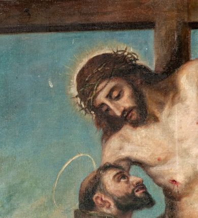 Zdjęcie nr 5: Obraz w kształcie stojącego prostokąta ukazuje wizję św. Franciszka. Święty obejmuje ciało wiszacego na krzyżu Chrystusa. W tle widok Jerozolimy. W prawym dolnym rogu sygnatura "m[alował] X[iądz] D[oktor] J[ózef] K[aczmarczyk] / 1907".