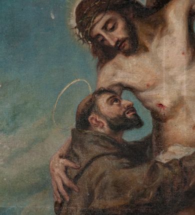 Zdjęcie nr 4: Obraz w kształcie stojącego prostokąta ukazuje wizję św. Franciszka. Święty obejmuje ciało wiszacego na krzyżu Chrystusa. W tle widok Jerozolimy. W prawym dolnym rogu sygnatura &quot;m[alował] X[iądz] D[oktor] J[ózef] K[aczmarczyk] / 1907&quot;.