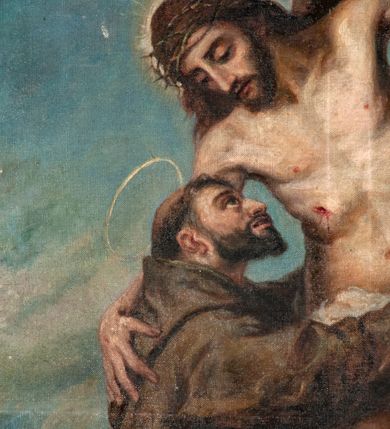 Zdjęcie nr 3: Obraz w kształcie stojącego prostokąta ukazuje wizję św. Franciszka. Święty obejmuje ciało wiszacego na krzyżu Chrystusa. W tle widok Jerozolimy. W prawym dolnym rogu sygnatura "m[alował] X[iądz] D[oktor] J[ózef] K[aczmarczyk] / 1907".