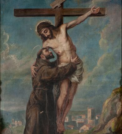 Zdjęcie nr 1: Obraz w kształcie stojącego prostokąta ukazuje wizję św. Franciszka. Święty obejmuje ciało wiszacego na krzyżu Chrystusa. W tle widok Jerozolimy. W prawym dolnym rogu sygnatura &quot;m[alował] X[iądz] D[oktor] J[ózef] K[aczmarczyk] / 1907&quot;.